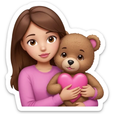 girl with long wavy brown hair, brown eyes, light to medium complexion, in a pink shirt, pink lips, long lashes, hugging squeezing  a teddy bear with hearts sticker