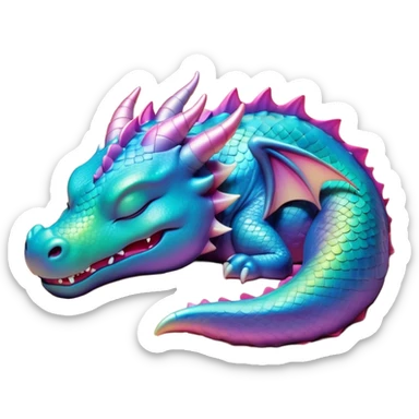 Meme-Worthy Cute Sleeping Dragon Portrait Emoji, Head resting peacefully with a contented smile, showcasing a sinuous, graceful build and a luxuriously soft, iridescent scaled body, eyes gently closed in serene, magical slumber, Simplified yet hilariously adorable features, highly detailed, glowing with a soft, drowsy mystical light, high shine, relaxed and utterly lovable, stylized with an air of playful fantasy, soft glowing outline, capturing the essence of a sleeping dragon that feels destined to become the next viral sensation of enchanted rest! sticker