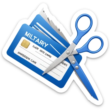 Scissors cutting military ID card sticker