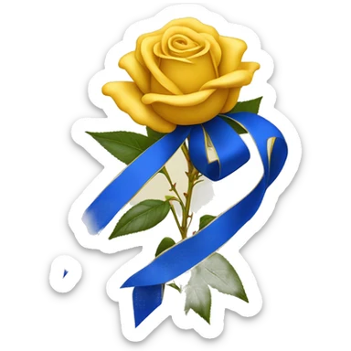 Royal blue and gold ribbon tied around the stem of a yellow tea rose sticker