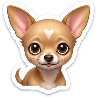 Cinematic Cute Fawn Short Haired Chihuahua Portrait Emoji, Head tilted playfully and inquisitively, smooth fawn fur with a healthy sheen, round, sparkling dark eyes filled with curiosity, Simplified yet irresistibly adorable features, highly detailed, glowing with a warm, friendly glow, high shine, affectionate and lively, stylized with a touch of whimsy, bright and endearing, soft glowing outline, capturing the essence of a mischievous yet loving pup, so playful it feels like it could bound out of the screen and into your arms! sticker