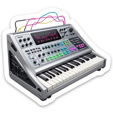 Create a professional and detailed emoji that represents sound design. The design should feature a high-end studio synthesizer, specifically a Korg synthesizer, with a mixing console and control panel, all connected with audio cables. Surround the equipment with flowing sound waves or musical notes to symbolize the creation and manipulation of sound. Use colors like metallic silver, black, and neon accents to emphasize the technical, creative nature of sound design. The background should be transparent. sticker