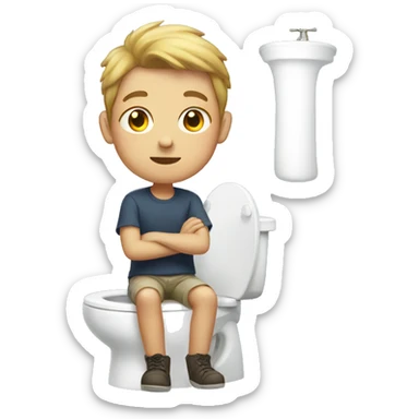 A boy with light skin sitting on a toilet sticker