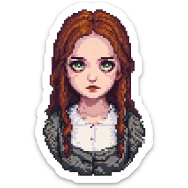 Silent Hill character emote for Twitch, pixel art style, featuring Alessa Gillespie with a haunting expression sticker