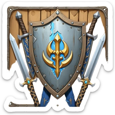  two sword cross, next to or in front of a shield, world of war craft style, elven flare sticker