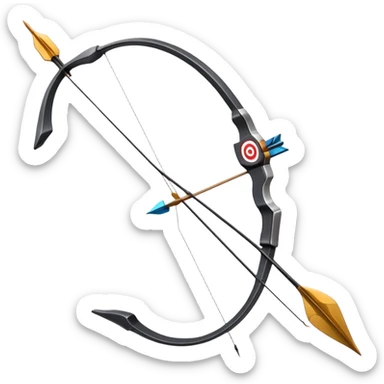 A professional recurve bow with an arrow nocked, ready to be released. The target features concentric rings, placed at a distance. The emphasis is on the bow, arrow, and target, highlighting the precision, focus, and skill involved in competitive archery. sticker