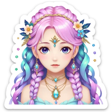 Beautiful gorgeous anime lady with beautiful iridescent-nebula-braided-hair, fashion aesthetic, ethereal, fairycore, pastelcore, feather, flowers, gems, accessories, jewelries, gold, colorful sticker