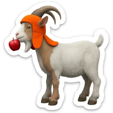 A goat wearing bobcat equipment hat eating an apple. sticker