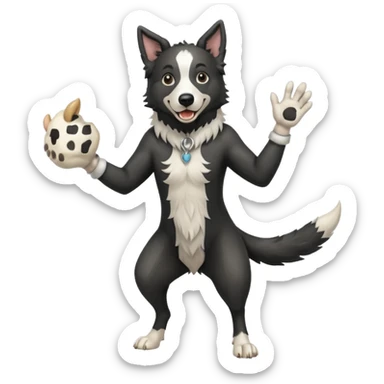 A black and white border collie werewolf, standing on her hind legs, holding a cow's hoof. sticker
