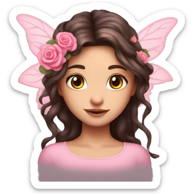 Beautiful, rose, fairy, pink, flowers in hair, long dark brown hair, big wings, fair skin sticker
