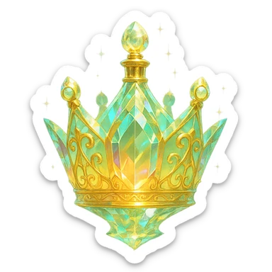 luxurious crystal elixir bottle in the shape of a crown, pastel gradient of yellow, orange, and green colors, lots of glowing effects, facets, ornaments, golden details, magical effects, very small golden neck, transparent background, beautiful merging base, clearly floating in the air, no base or shadow, premium class impression, interesting design fitting a collection of crystal, luxurious, magical bottles sticker