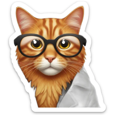 Red cat in a white coat with a feather behind his ear and full-length black glasses sticker