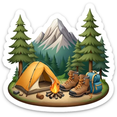 Icon for Hiking: a pair of hiking boots, a backpack, a walking stick, a tent, and a kettle over a campfire, surrounded by trees and a mountain trail. The icon should capture the adventure and warmth of camping. Transparent background. sticker