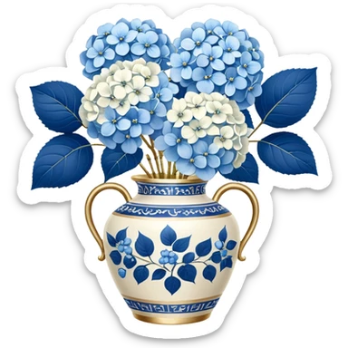 Blue and white floral  chinoiserie vase white gold handle, with white hydrangeas stem and blue hydrangeas stems sticker