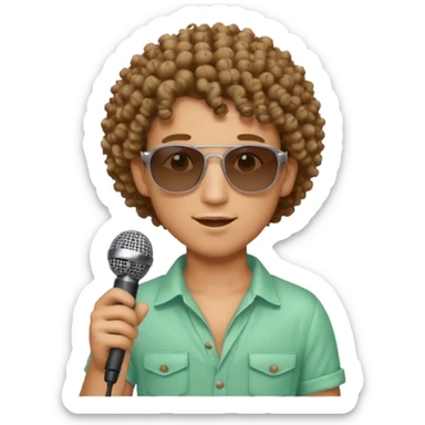 curly haired man with summer clothes and sun glasses holding microphone sticker