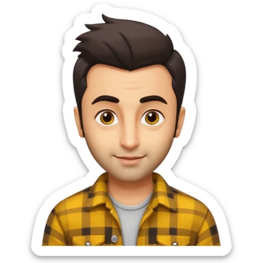 generate a pretty bratz emoji 
Make her look like Ranbir kapoor wearing a yellow flannel shirt, smirkinh

She should look exactly  like ranbir kapoor!  sticker