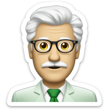 meester frank visser white hair, white mustache and glasses. Nice green suite sticker