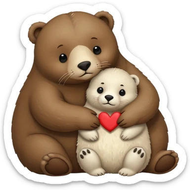 small white seal hugging a big brown bear with a heart in between them sticker