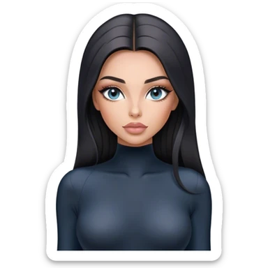 Glamours, tanned, very beautiful girl, with big pump peach-beige-rose lips, long long lashes, black straight smooth silky long hair, straight parting hair, blue-grey eyes in black long-sleeves bodysuit sticker