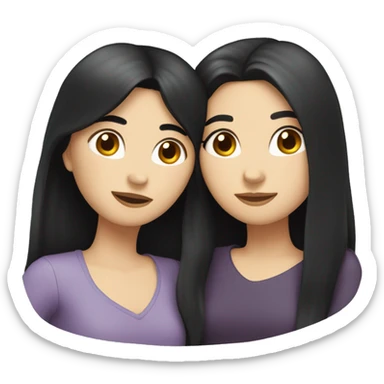 A lesbian couple that both have white skin and long black hair are hugging intimately, and romantically. sticker
