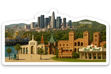 cinematic, realistic emoji of Los Angeles, featuring a wide city view with the Santa Monica Pier and beach, the iconic downtown LA skyline, the landmark arches of the Los Angeles Memorial Coliseum, the famous Chinese Theater, the Hollywood Sign, the iconic Royce Hall at UCLA, the landmark Bovard Administration Building at USC, and the Rose Bowl Stadium with its iconic neon sign, with lifelike architectural detail, accurate colors, bright daytime lighting, fully transparent background, no sky, no clouds, no city name label sticker