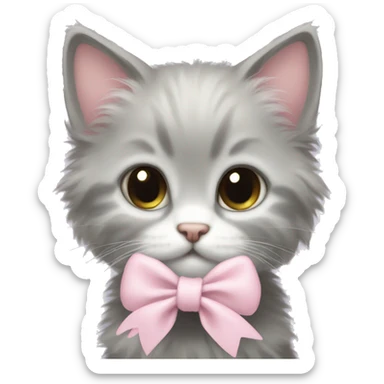 light gray fluffy kitten light pink bow sticker