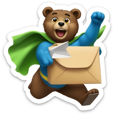 superhero bear flying and holding a mailbox sticker