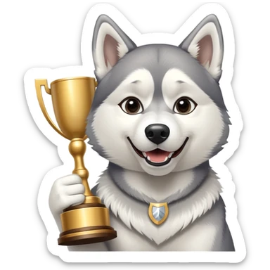 Triumphant husky dog with trophy sticker
