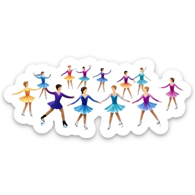 An icon showing a scenic ice rink with multiple figure skaters performing elegant moves under soft spotlight beams. Surrounded by audience stands and shimmering ice, the scene reflects harmony, grace, and the magic of figure skating. Transparent background included sticker