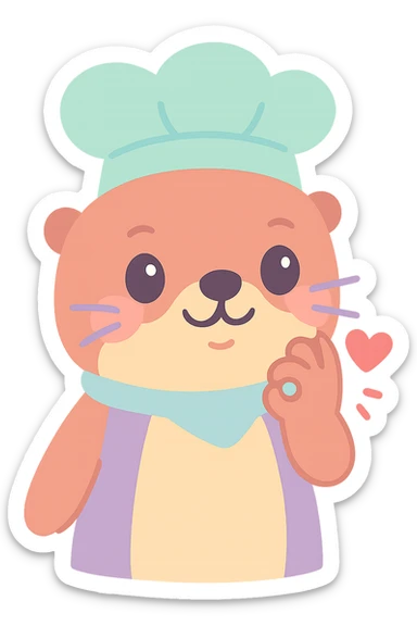 Make the background transparent and add a small red heart coming out from the otter's hand as it does the chef's kiss, keep the kawaii style. sticker