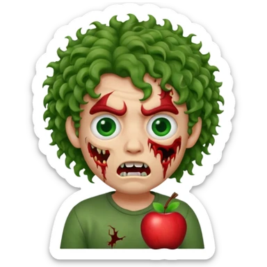 Zombie apple Memoji curly hair boy with growling face with one open and stich under eye  sticker