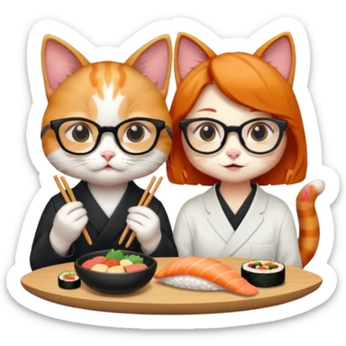 cute girl cat wearing glasses and a cute boy cat eating sushi together sticker