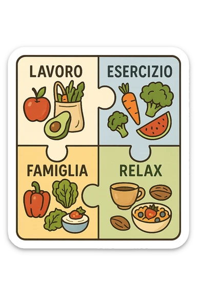 Puzzle (Lavoro, Esercizio, Famiglia, Relax), and healthy foods are integrated into each piece. in italiano sticker