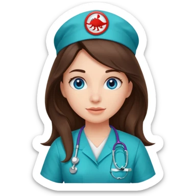 pretty brunette nurse with long hair and blue eyes in dinosaur scrubs sticker
