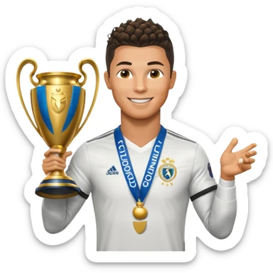 Cristiano Ronaldo holfing the champions league with noodle hair sticker