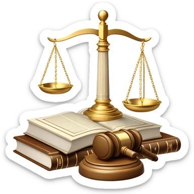 An icon featuring scales of justice, a gavel, and a legal book, symbolizing the study of law. The design includes courthouse pillars in the background, representing authority and legal systems. Transparent background highlights the principles of justice, order, and legal education. sticker