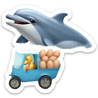dolphin hatches an egg when dolphin takes the egg to a wagon and puts the egg in the wagon to hatch then dolphin rides along to the sea world farn to tell about a egg sticker