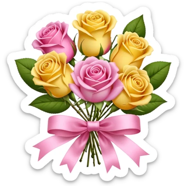 A bouquet of flowers, composed of pink and yellow roses, four blooms in total, tied with ribbon. sticker