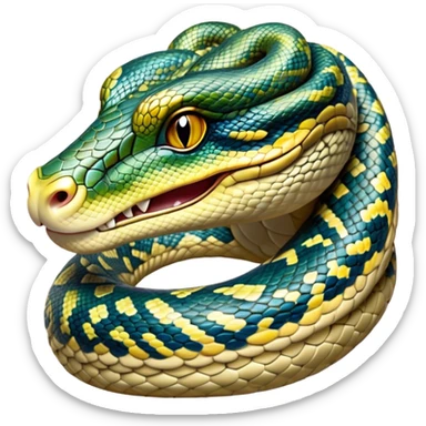 Cinematic Noble Python Portrait Emoji, Poised and regal, with a powerful, sinuous body adorned in intricate scale patterns and piercing, focused eyes, Simplified yet sharp and sophisticated features, highly detailed, glowing with a soft, earthy glow, high shine, intelligent and formidable, stylized with an air of primal elegance, focused and commanding, soft glowing outline, capturing the essence of a watchful and confident serpent that appears ready to coil out of the screen with effortless authority! sticker