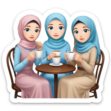 Turkish beautiful finish Konya girls blue eyes with pastel hijab long tail dress and the two friends in a coffeehouse sits on the chair on the ground and holds cup coffe with her hand  sticker