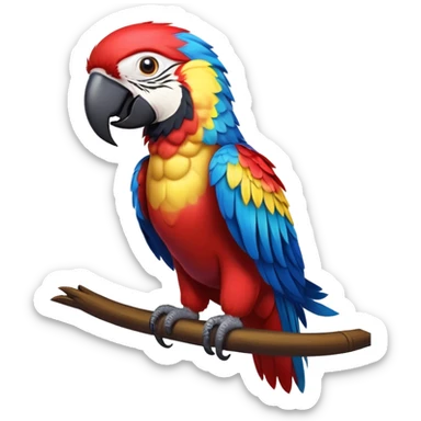 cinematic-macaw-realistic-full-body-standing-emoji,-vibrant-feathers-glowing-with-rich-reds,-blues,-and-yellows,-head-tilted-dramatically,-curved white-beak-gleaming,-piercing-dark-eyes-exuding-confidence,-simplified-yet-realistic-focused sticker