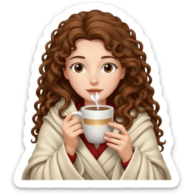 Gözleri kapalı, beyaz tenli ve uzun kıvırcık saçlı bir kadın avatar, battaniyeye sarılmış halde beyaz bir Türk kahvesi fincanından içeceğini huzurla yudumluyor. sticker