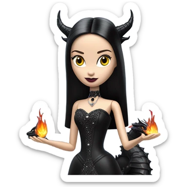 Victorian evening dressed, Teen Morticia Addams Barbie Jedi wearing a mini tiara, riding on the back of a very large black shiny evil-looking fire-spewing horned dragon sticker