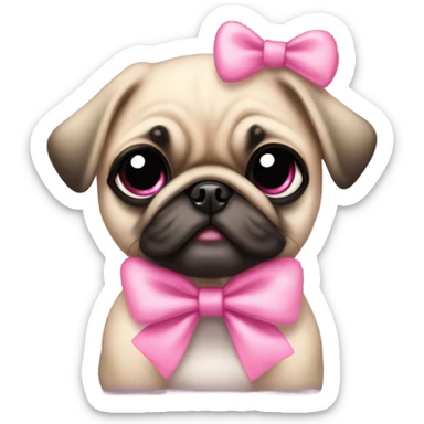 Baby pug with big pink
eyes wearing a pink bow on her head sitting in daisy's  sticker