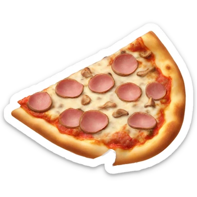 Mushroom and ham pizza with a slice being held up sticker