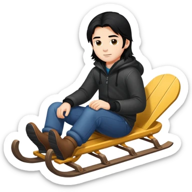Boy with black long hair sitting on a sled sticker