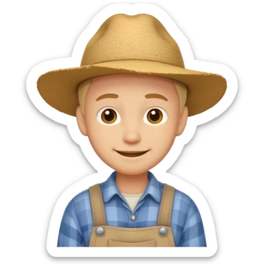 A calm, friendly male cartoon character with light skin, simple farm clothes, warm smile, stylized as a cute, readable emoji icon with soft earthy color sticker
