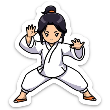 lightskin young girl with black straight hair and dark eyes, taichi movement, focused face sticker