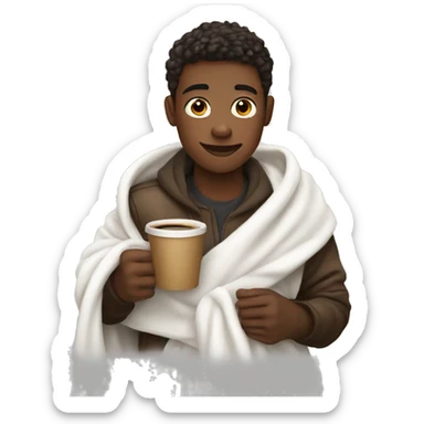 boy with a white blanket and coffee in hands   sticker