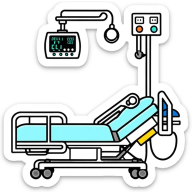 Rectangular transparent plastic iv bag filled with 500ml of fluid hanging on an iv pole in an intensive care unit  sticker